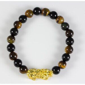 Tiger's Eye Wealth Good Luck Bracelet 8mm Round Beads Stretch Gold-Tone Dragon